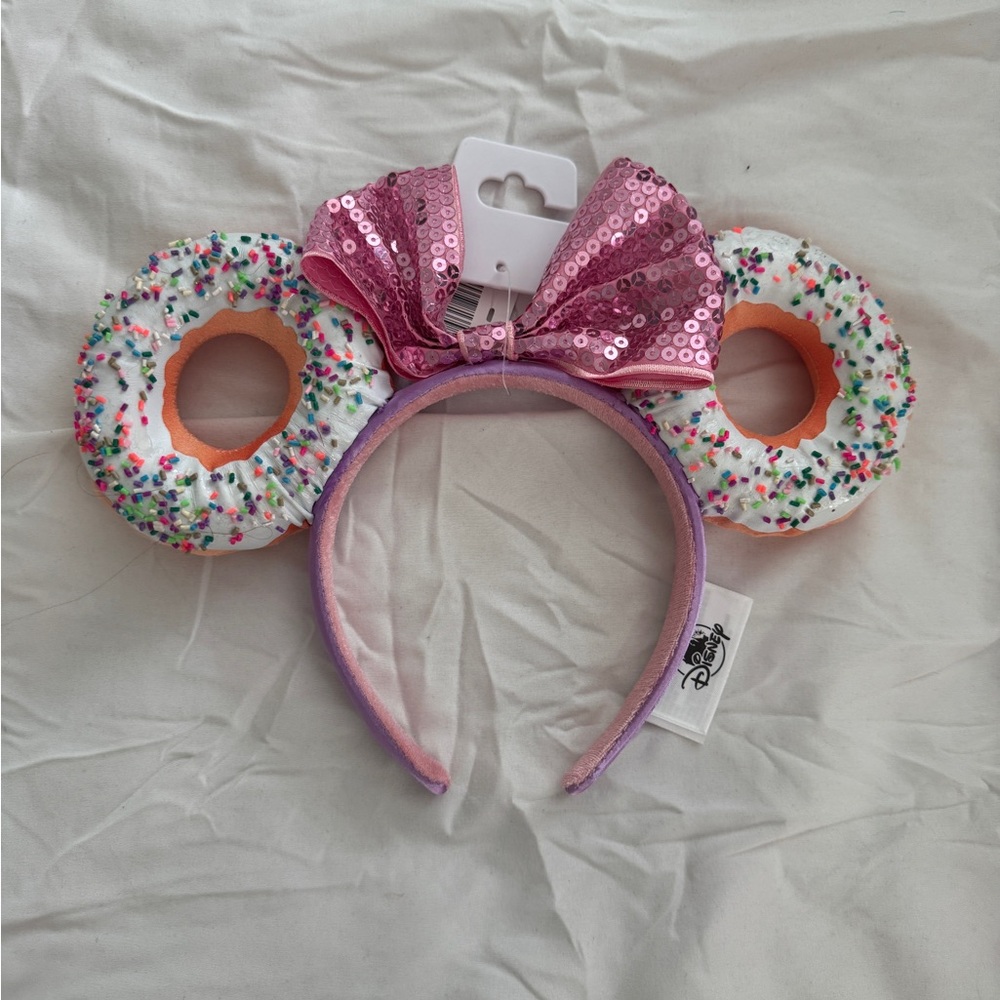 NWT Disney Parks White Chocolate Donut Minnie Mouse Ears Headband Pink Bow